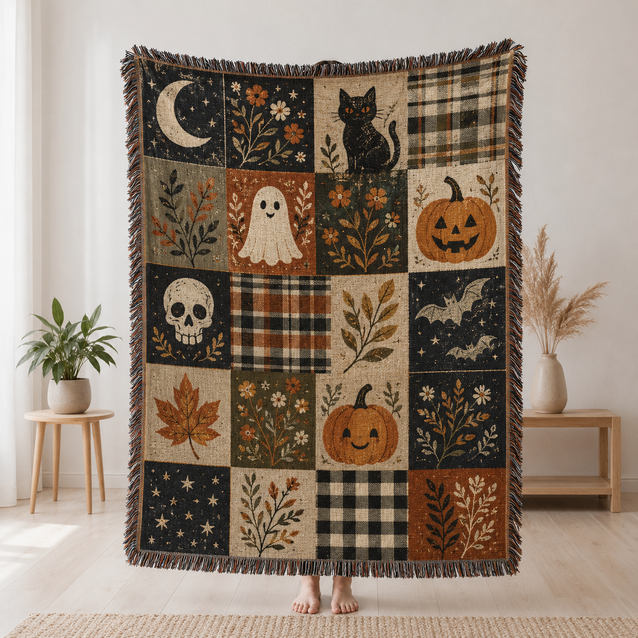 Vintage Halloween patchwork woven blanket with ghost, pumpkin, black cat, skull, bats, florals, plaid and fringe