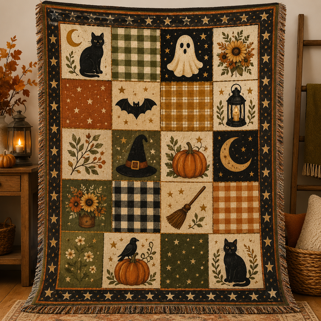 Vintage Halloween patchwork woven blanket with black cats, ghost, pumpkin, moon and fringe