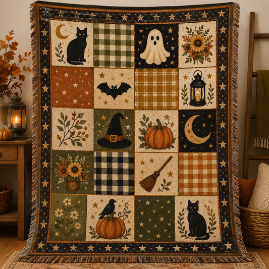 Vintage Halloween patchwork woven blanket with black cats, ghost, pumpkin, moon and fringe