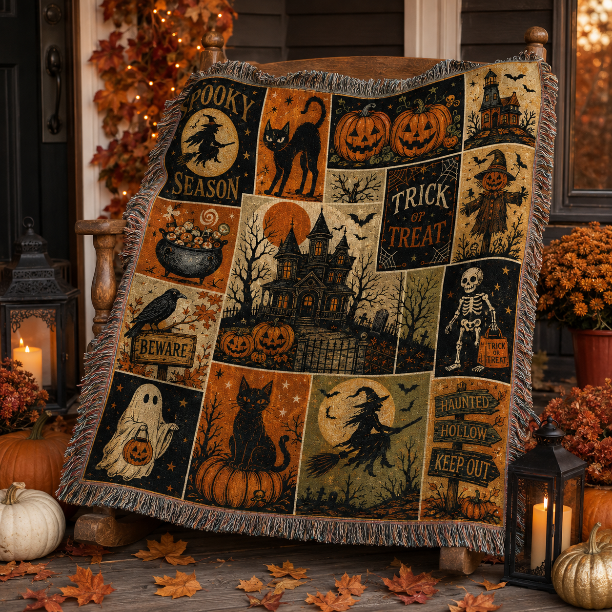 Vintage Halloween patchwork woven blanket on a cozy autumn porch with lanterns, pumpkins and fall leaves