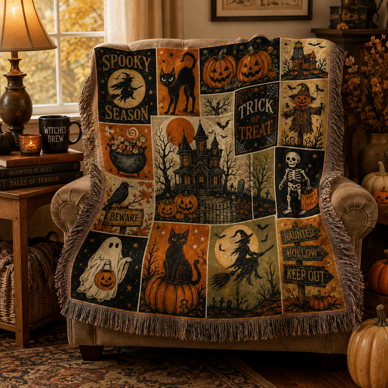 Vintage Halloween patchwork woven blanket draped over an armchair in a warm autumn reading nook
