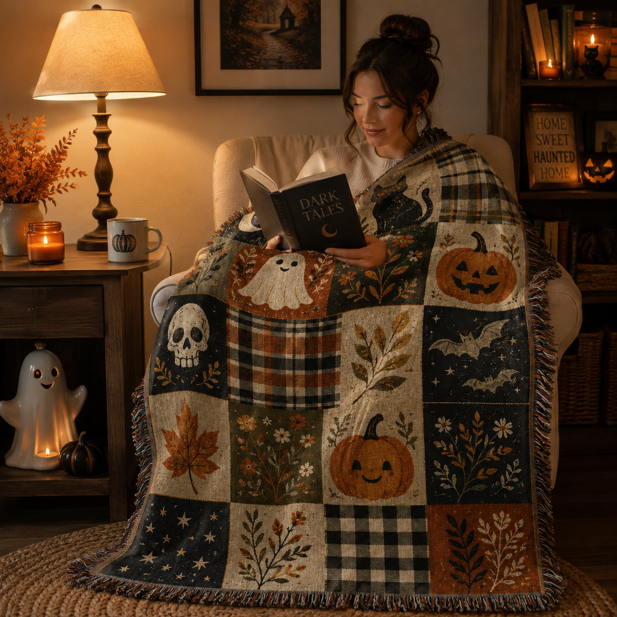 Reader wrapped in a soft Halloween patchwork woven blanket with ghost, pumpkin and black cat motifs