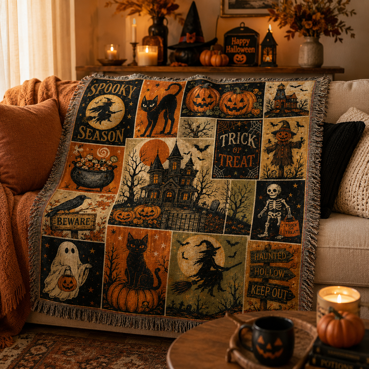 Vintage Halloween patchwork woven blanket styled on a cozy sofa with pumpkins, candles and warm autumn decor