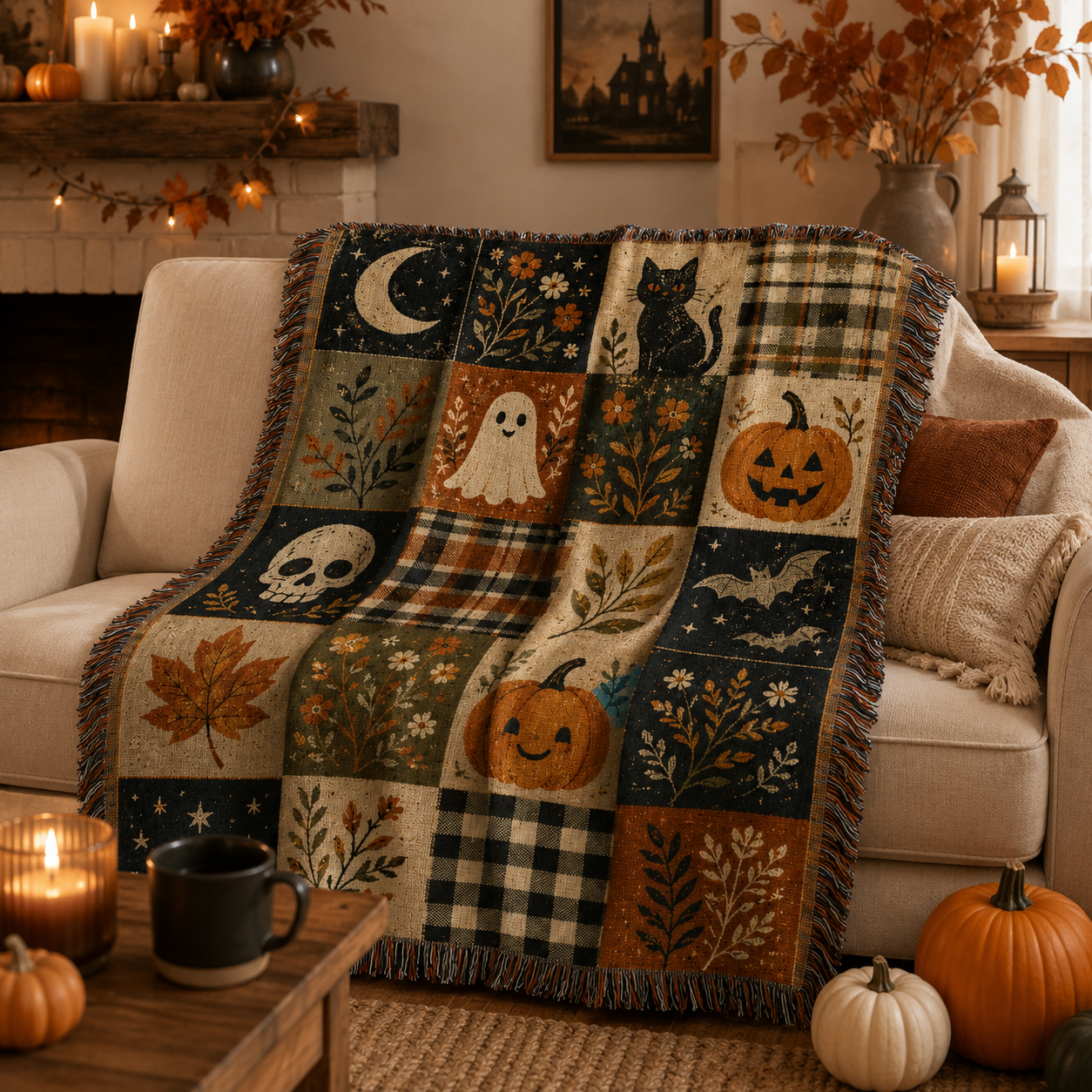 Soft Halloween patchwork woven blanket draped on a cream sofa with pumpkins, candles and cozy autumn decor