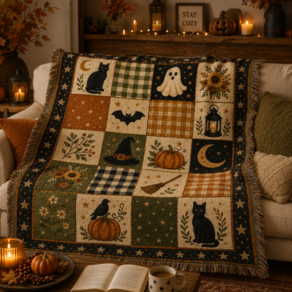 Halloween patchwork woven blanket softly draped on a cozy sofa with fringe