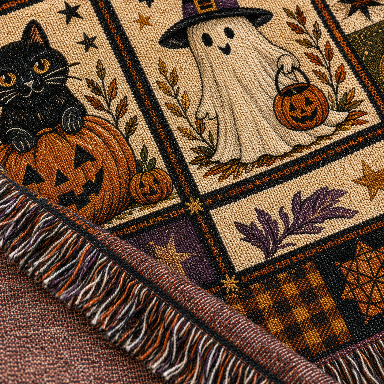 Macro close-up of Halloween patchwork woven blanket showing yarn texture, ghost, black cat, pumpkin and multicolor fringe