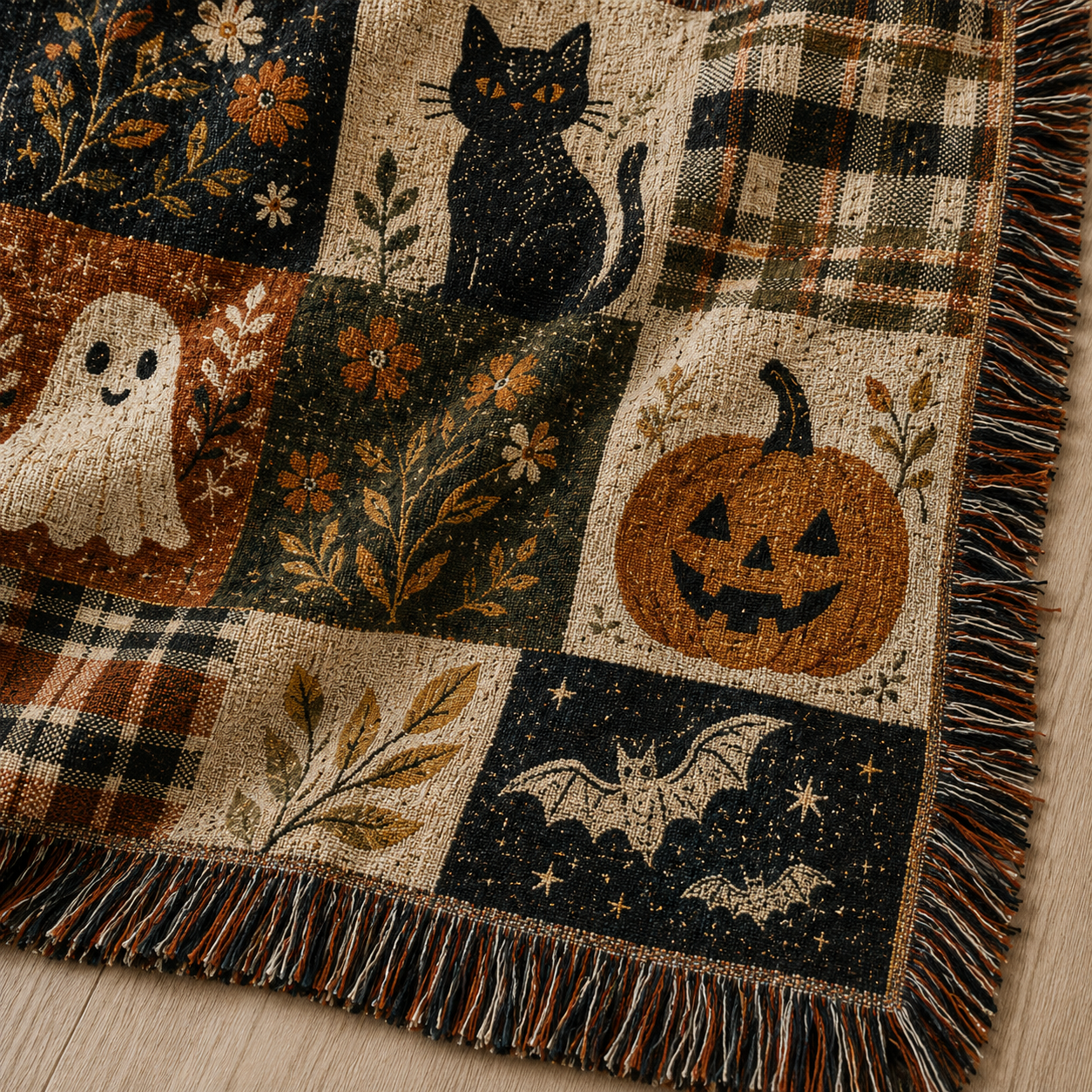 Macro close-up of Halloween woven blanket showing detailed woven threads, patchwork motifs and multicolor fringe