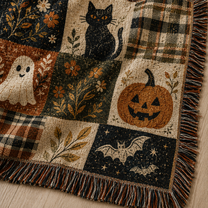 Macro close-up of Halloween woven blanket showing detailed woven threads, patchwork motifs and multicolor fringe