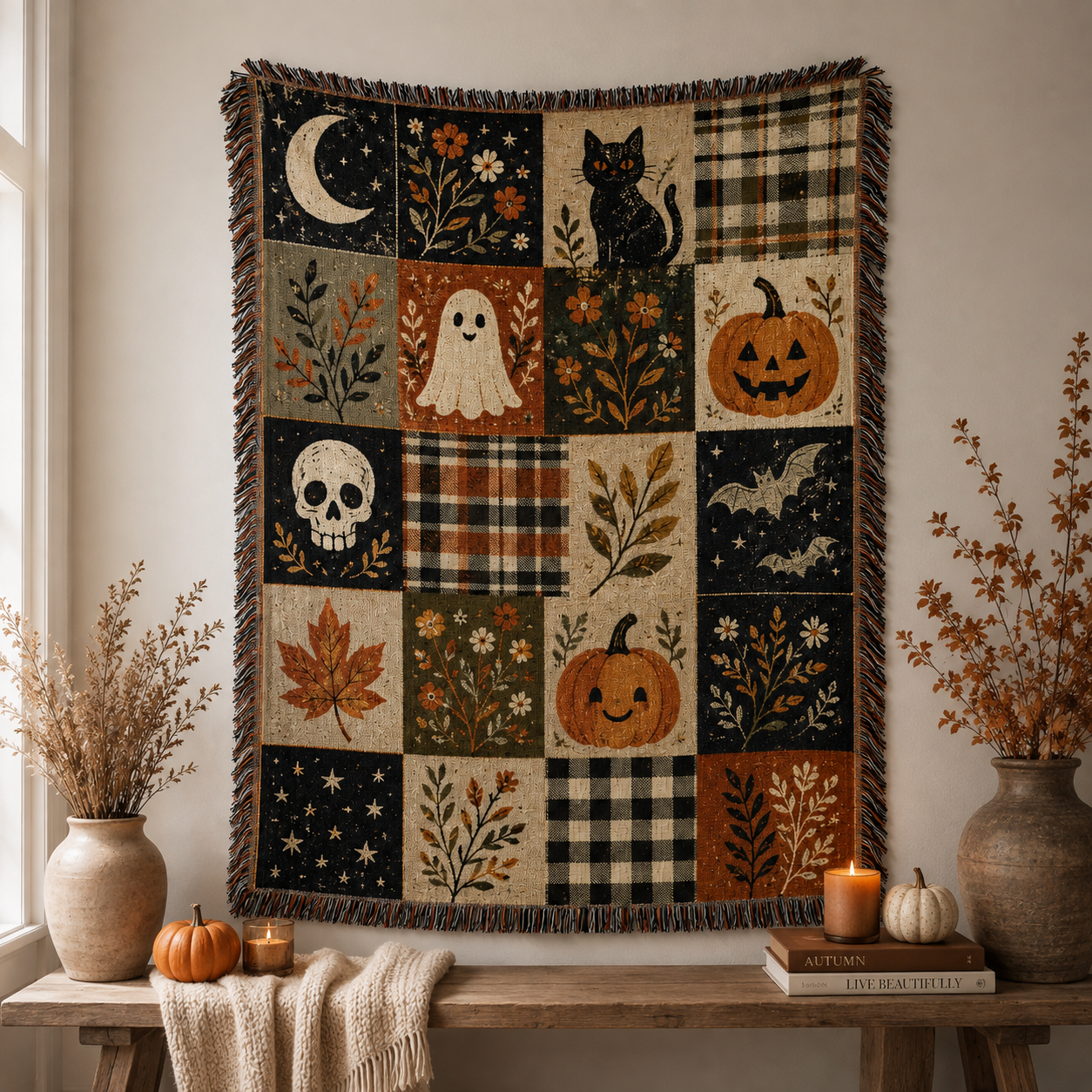 Halloween patchwork woven blanket displayed as wall decor above a rustic bench with pumpkins and candles
