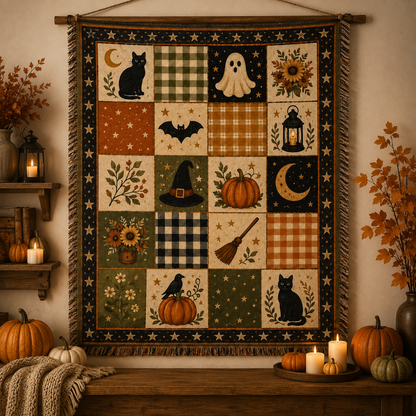 Halloween patchwork woven blanket displayed as cozy seasonal wall decor with fringe