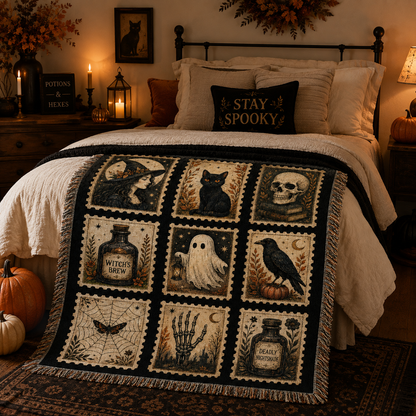 Vintage Halloween postage stamp woven blanket displayed across a cozy seasonal bedroom bed