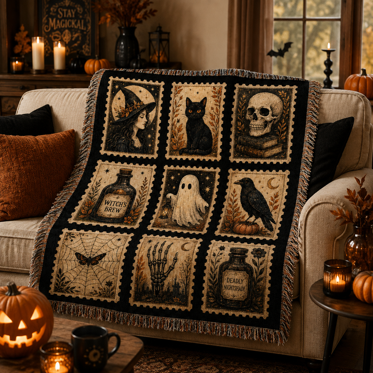Vintage Halloween postage stamp woven blanket styled on a cozy autumn living room sofa