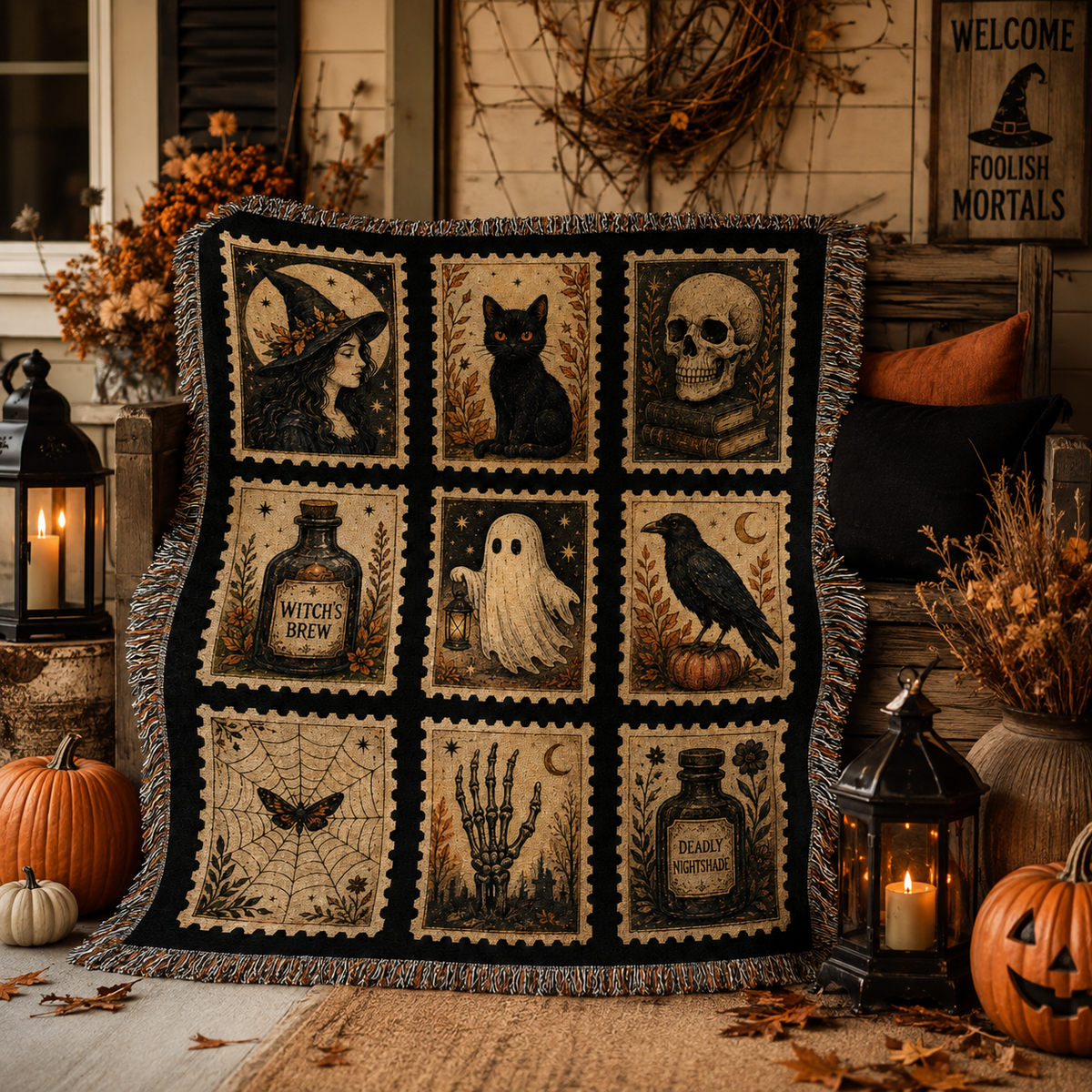 Vintage Halloween postage stamp woven blanket displayed on a rustic autumn porch