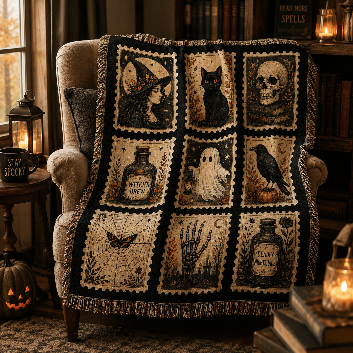 Vintage Halloween witchy postage stamp woven blanket styled in a candlelit reading nook