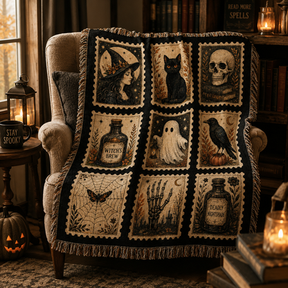 Vintage Halloween witchy postage stamp woven blanket styled in a candlelit reading nook