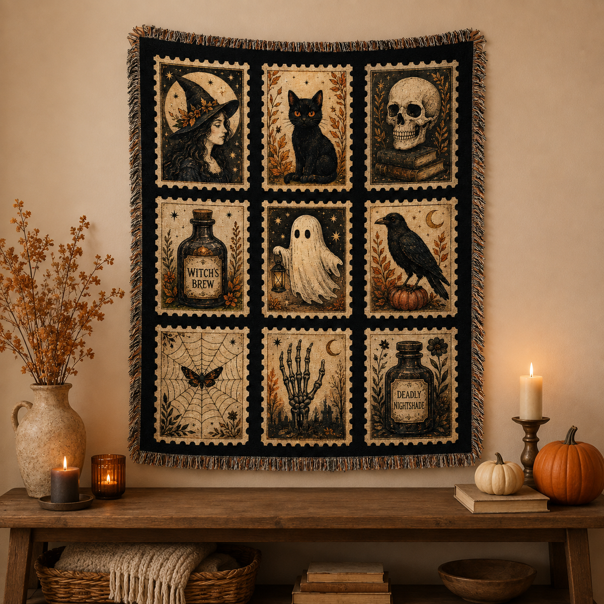 Vintage Halloween postage stamp woven blanket hanging as seasonal wall tapestry decor