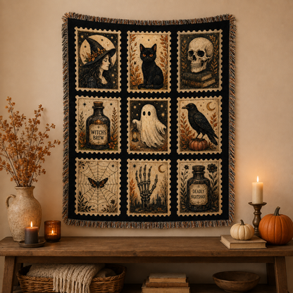Vintage Halloween postage stamp woven blanket hanging as seasonal wall tapestry decor
