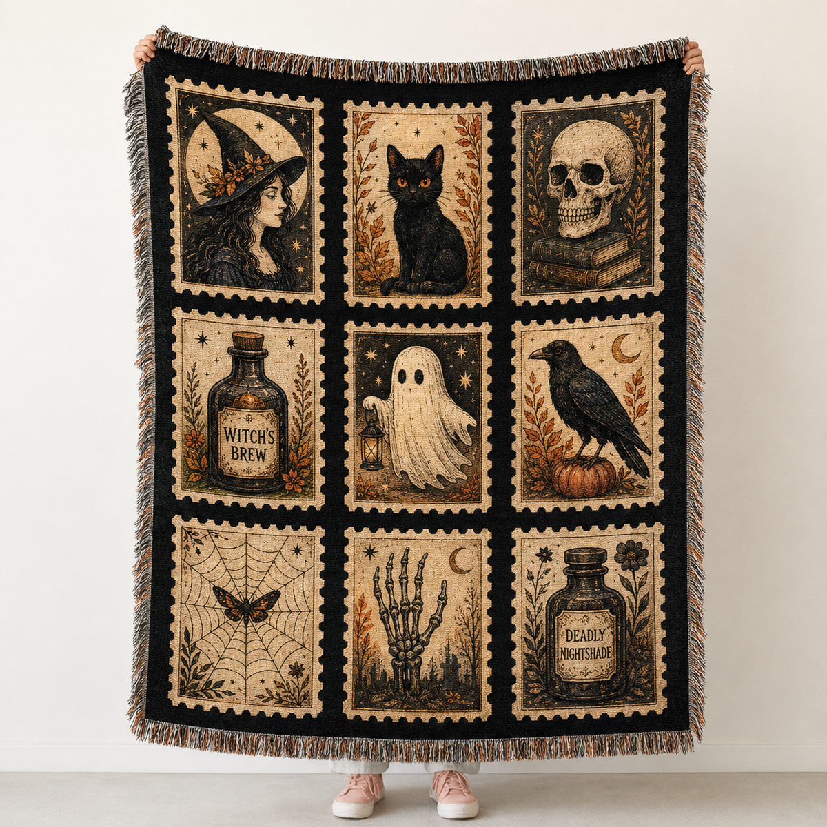 Vintage Halloween postage stamp woven blanket with witch, black cat, skull, ghost, raven and apothecary artwork