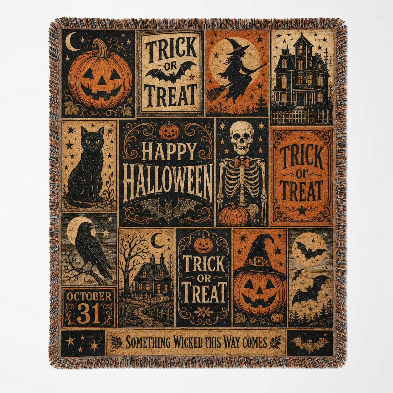 Vintage Halloween poster patchwork woven blanket with pumpkins, witch, skeleton, black cat and haunted house
