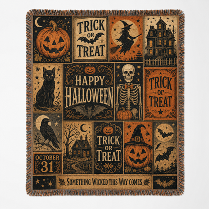 Vintage Halloween poster patchwork woven blanket with pumpkins, witch, skeleton, black cat and haunted house