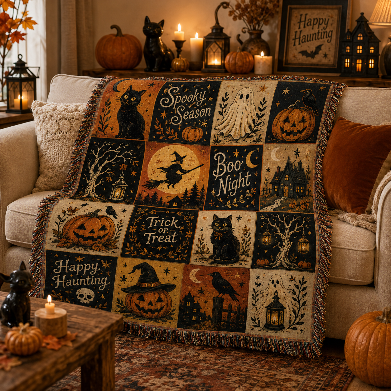 Halloween patchwork woven blanket styled on a cream sofa with pumpkins and candles