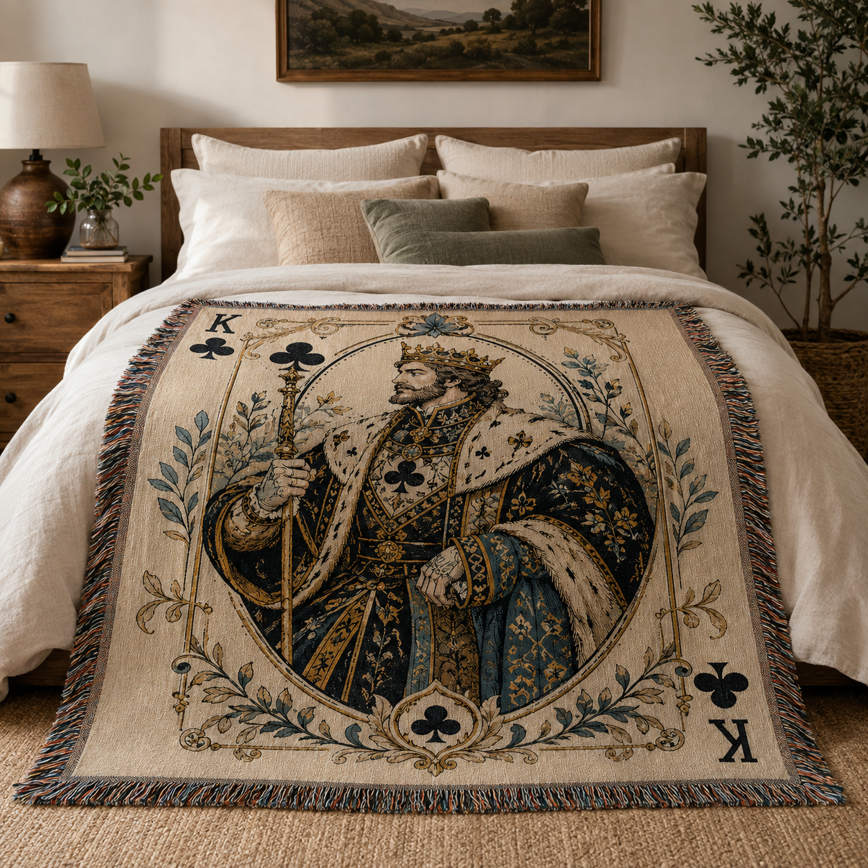 Vintage King of Clubs tapestry blanket styled across a neutral rustic bedroom bed