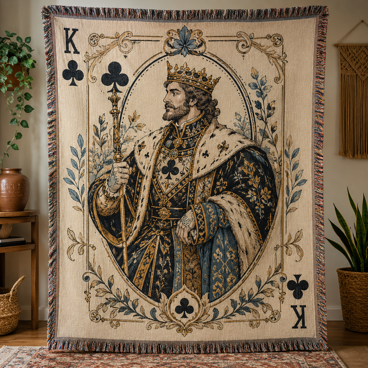 Vintage King of Clubs woven blanket displayed full size with ornate royal playing card artwork