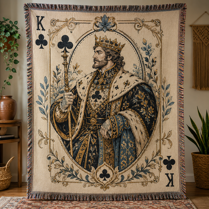 Vintage King of Clubs woven blanket displayed full size with ornate royal playing card artwork
