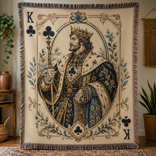 Vintage King of Clubs woven blanket displayed full size with ornate royal playing card artwork