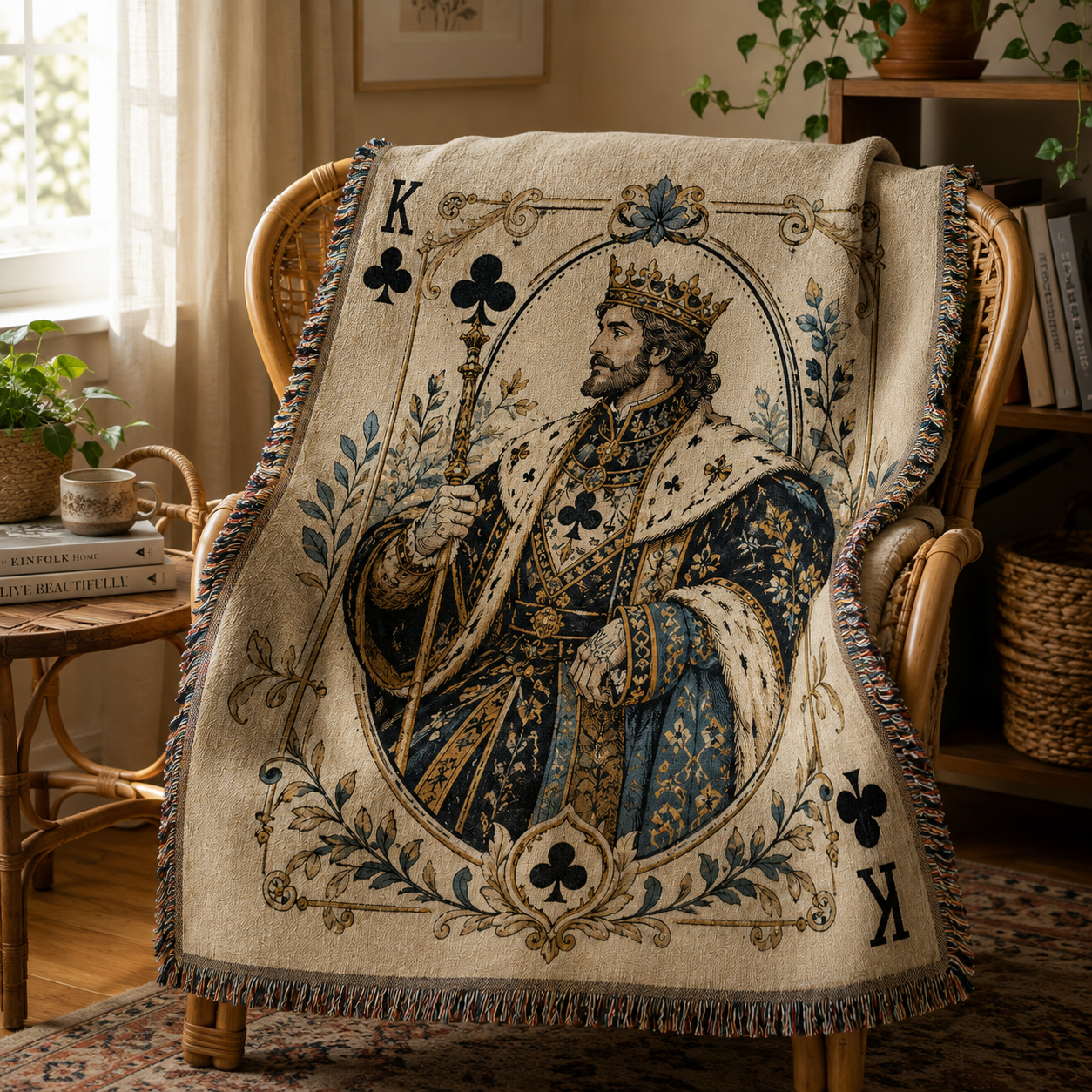 King of Clubs woven blanket draped over a rattan reading chair in a warm cozy nook