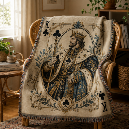 King of Clubs woven blanket draped over a rattan reading chair in a warm cozy nook