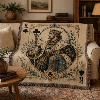 King of Clubs woven blanket displayed on a cream sofa in a warm traditional living room