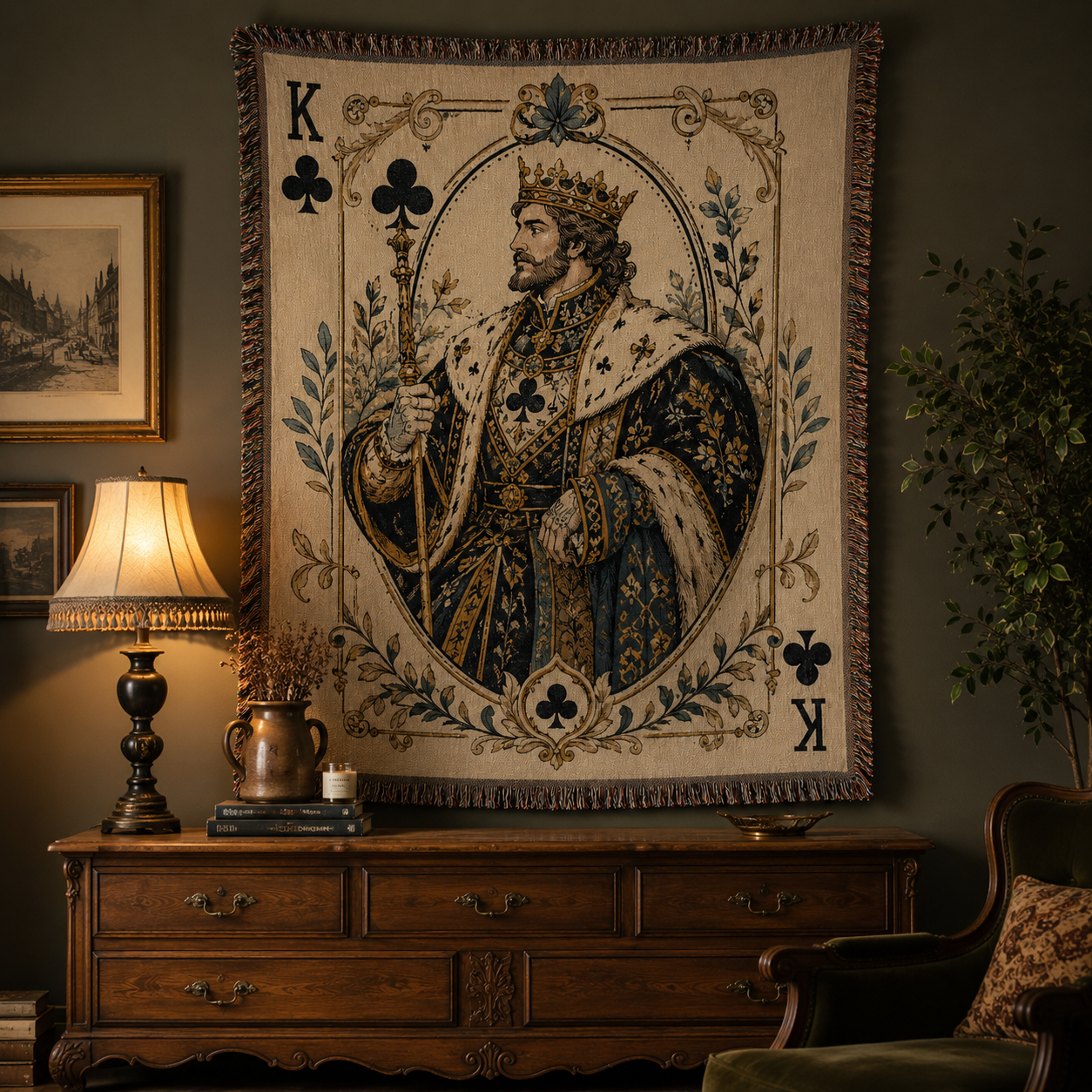 King of Clubs woven blanket displayed as dramatic textile wall art in a vintage interior