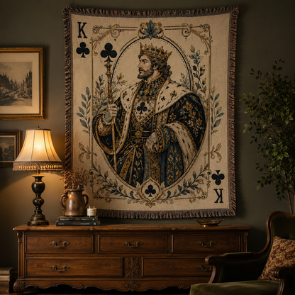 King of Clubs woven blanket displayed as dramatic textile wall art in a vintage interior