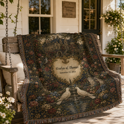 Personalized wedding woven blanket displayed on a honeymoon cottage porch swing