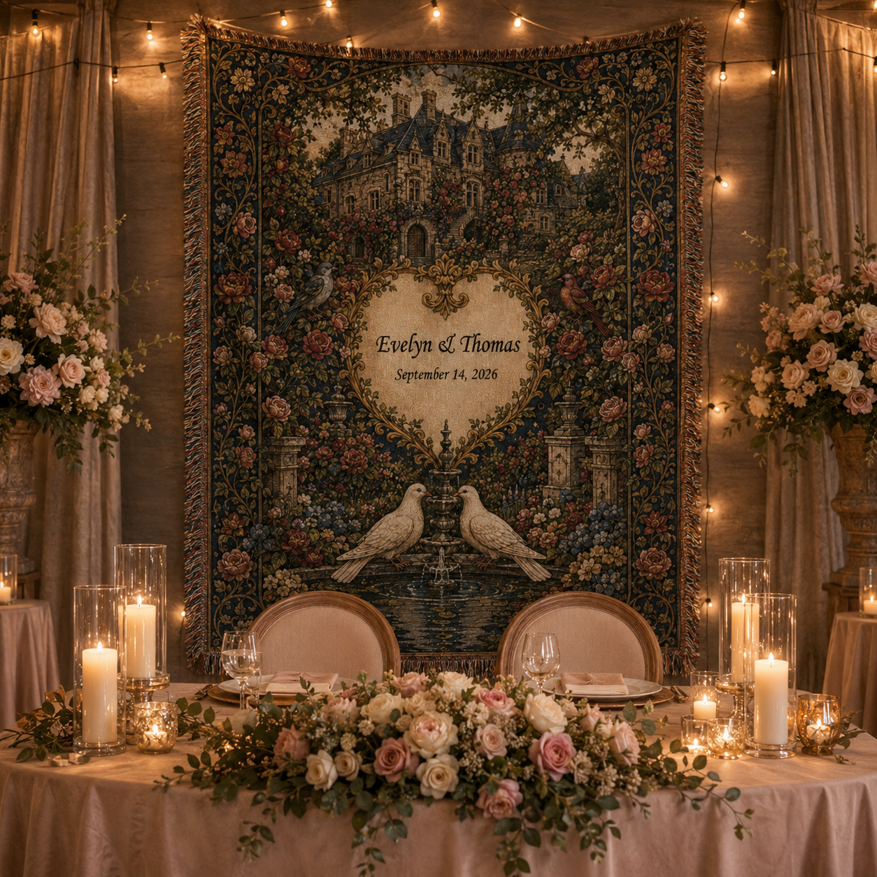 Personalized woven wedding blanket styled as a reception sweetheart table backdrop