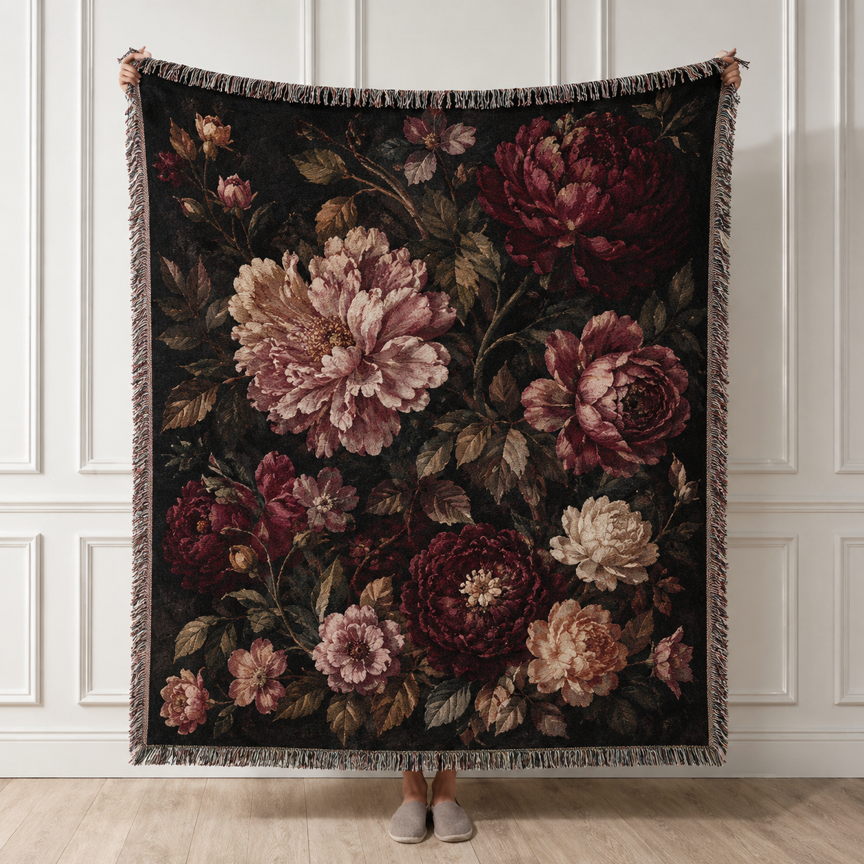 Vintage moody floral woven blanket with burgundy and blush peonies on a dark background