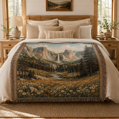 Mountain landscape woven blanket displayed across a warm rustic bedroom