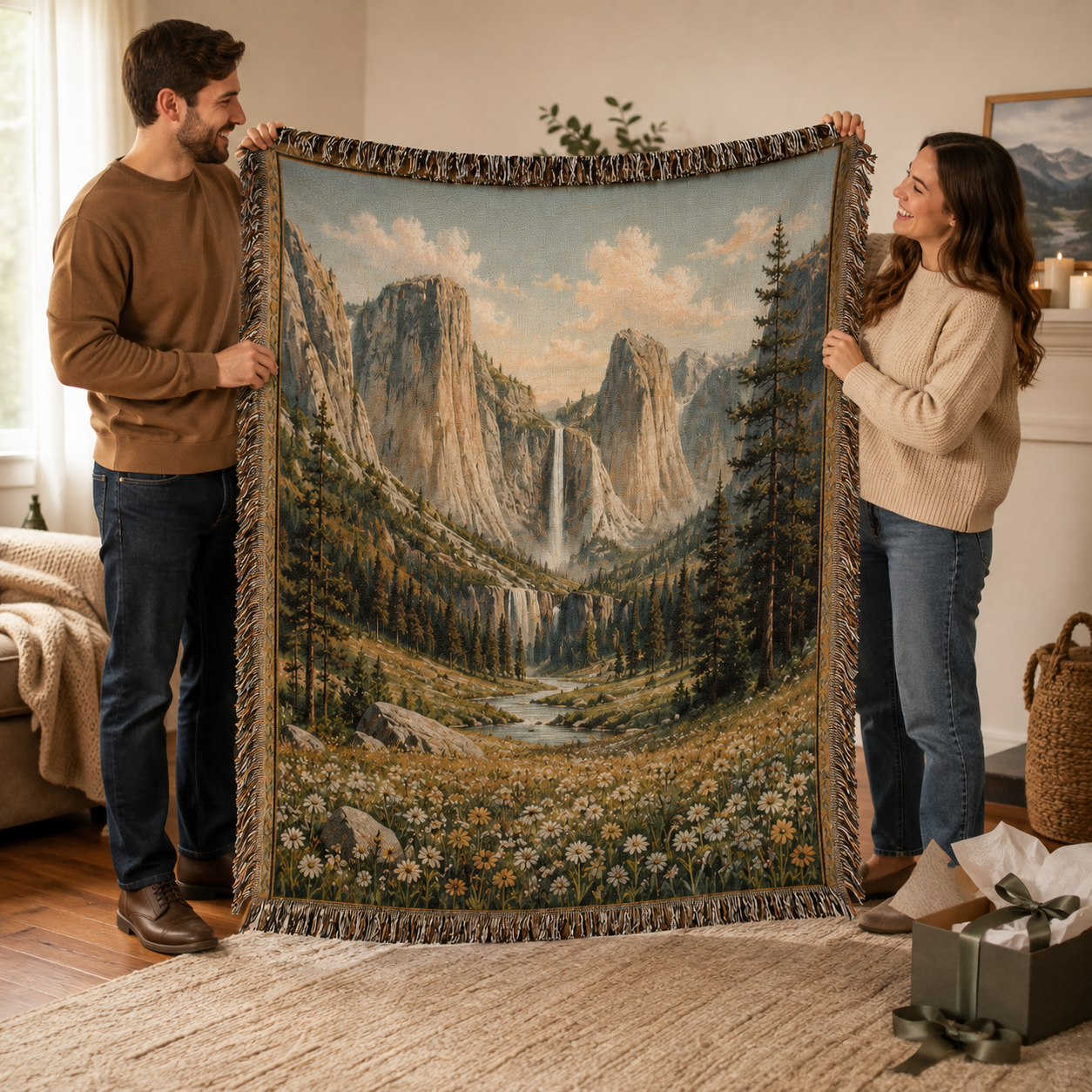 Couple holding a mountain waterfall woven blanket as a nature inspired gift