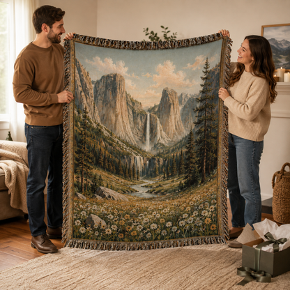Couple holding a mountain waterfall woven blanket as a nature inspired gift