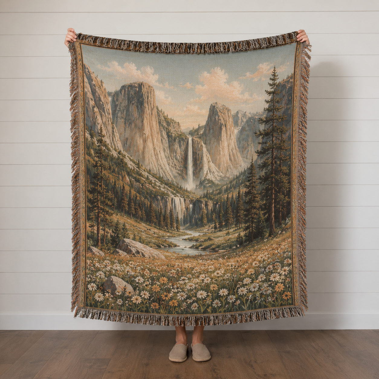 Vintage mountain waterfall woven blanket with pine forest, river and wildflower meadow