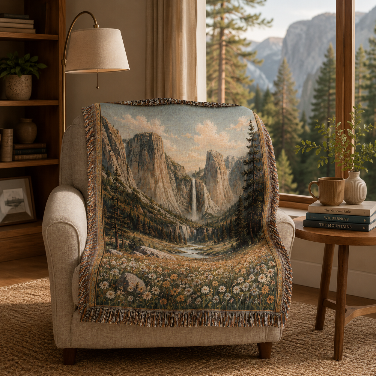 Scenic mountain waterfall woven blanket on a reading chair beside a forest view