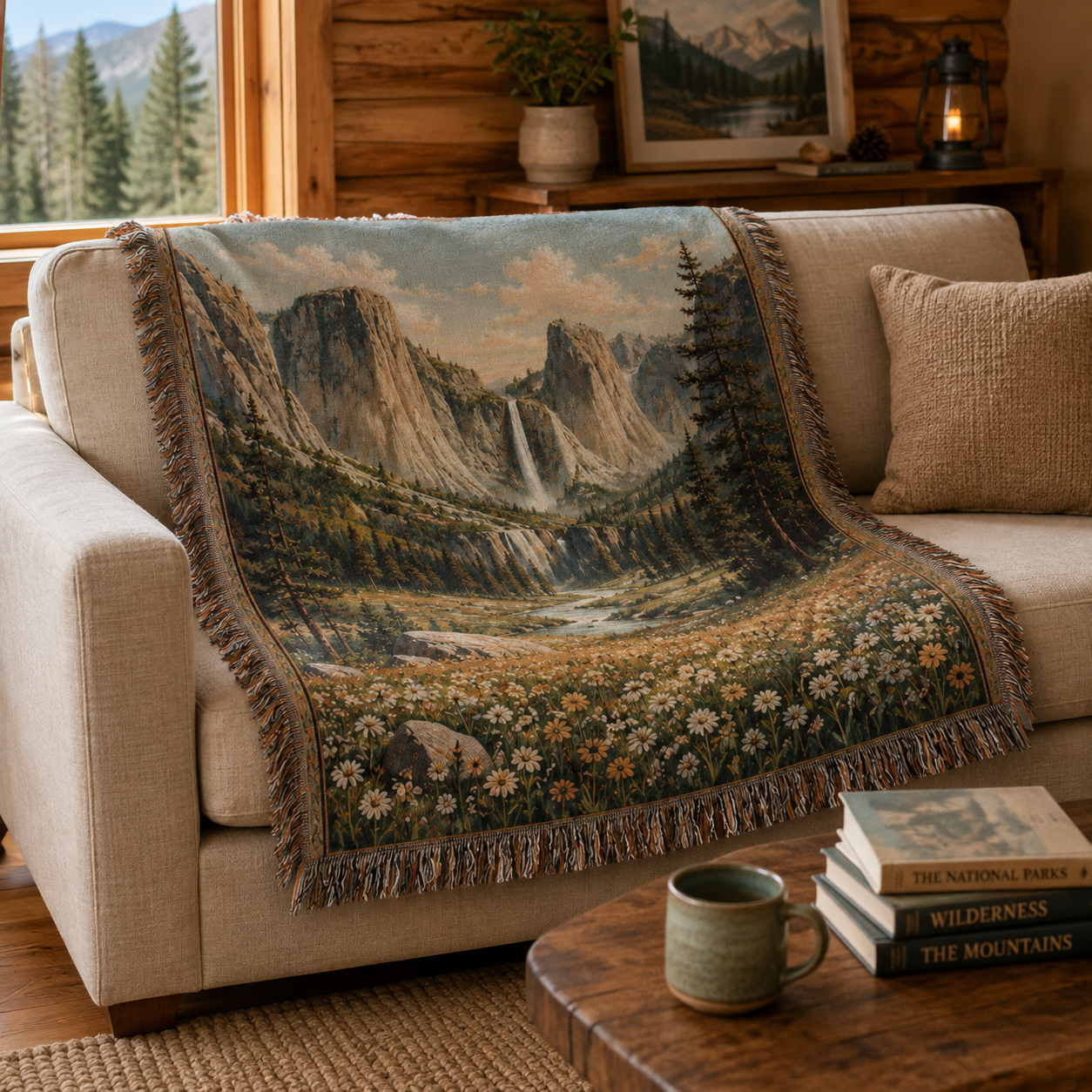 Mountain waterfall woven blanket styled on a neutral sofa in a rustic cabin