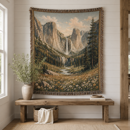 Vintage mountain valley woven tapestry displayed as rustic wall decor
