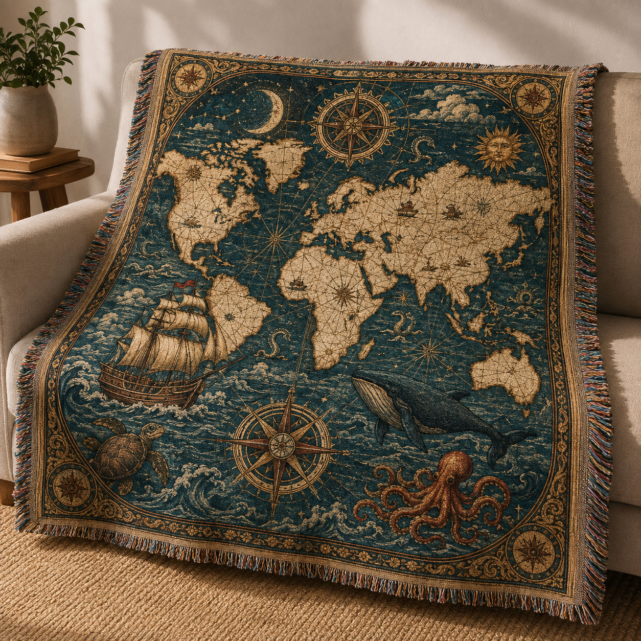 Vintage nautical world map woven blanket with sailing ship whale octopus and compass roses