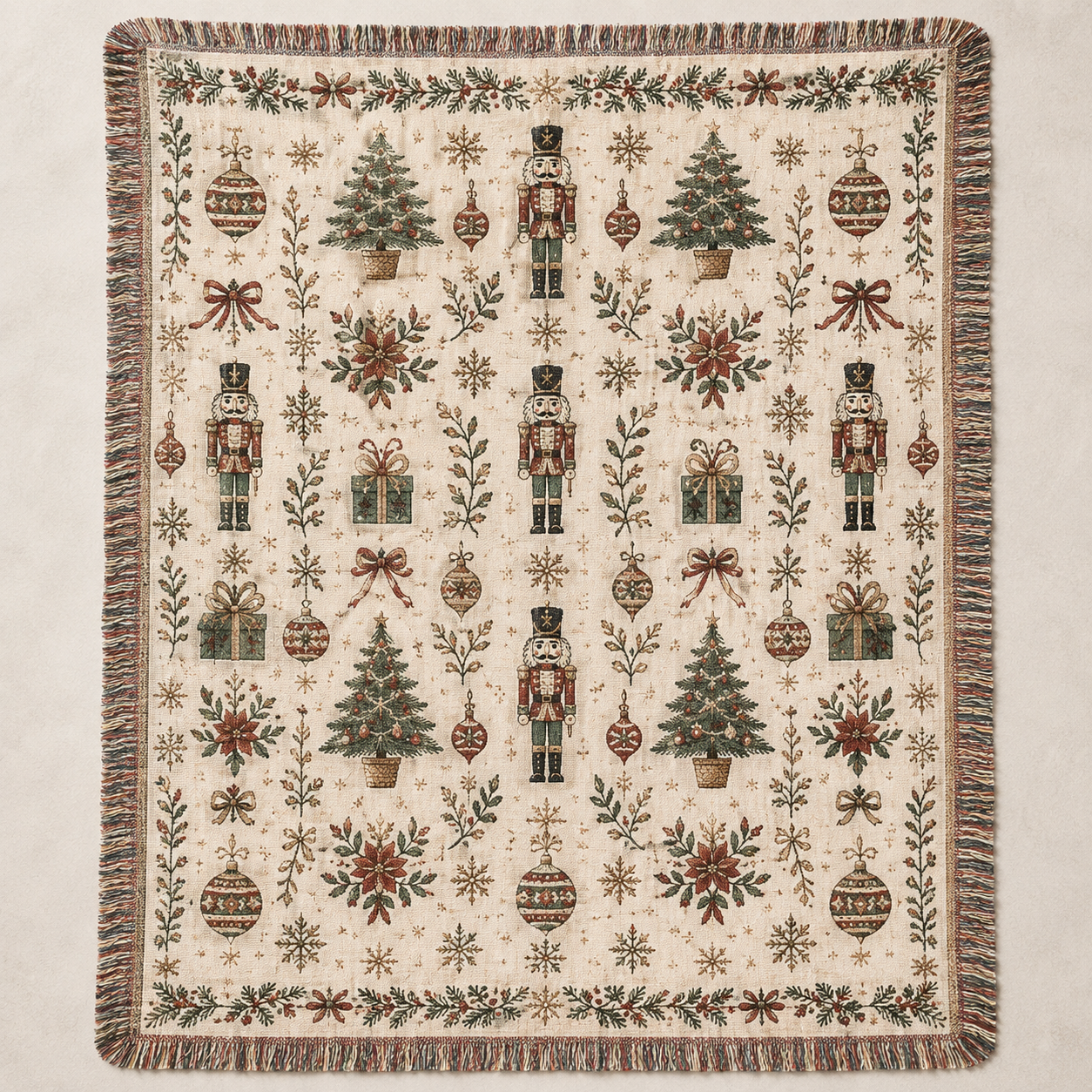 Vintage nutcracker Christmas woven blanket with trees ornaments poinsettias and fringe