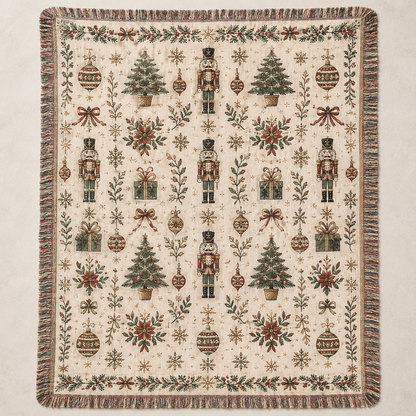 Vintage nutcracker Christmas woven blanket with trees ornaments poinsettias and fringe