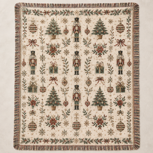 Vintage nutcracker Christmas woven blanket with trees ornaments poinsettias and fringe