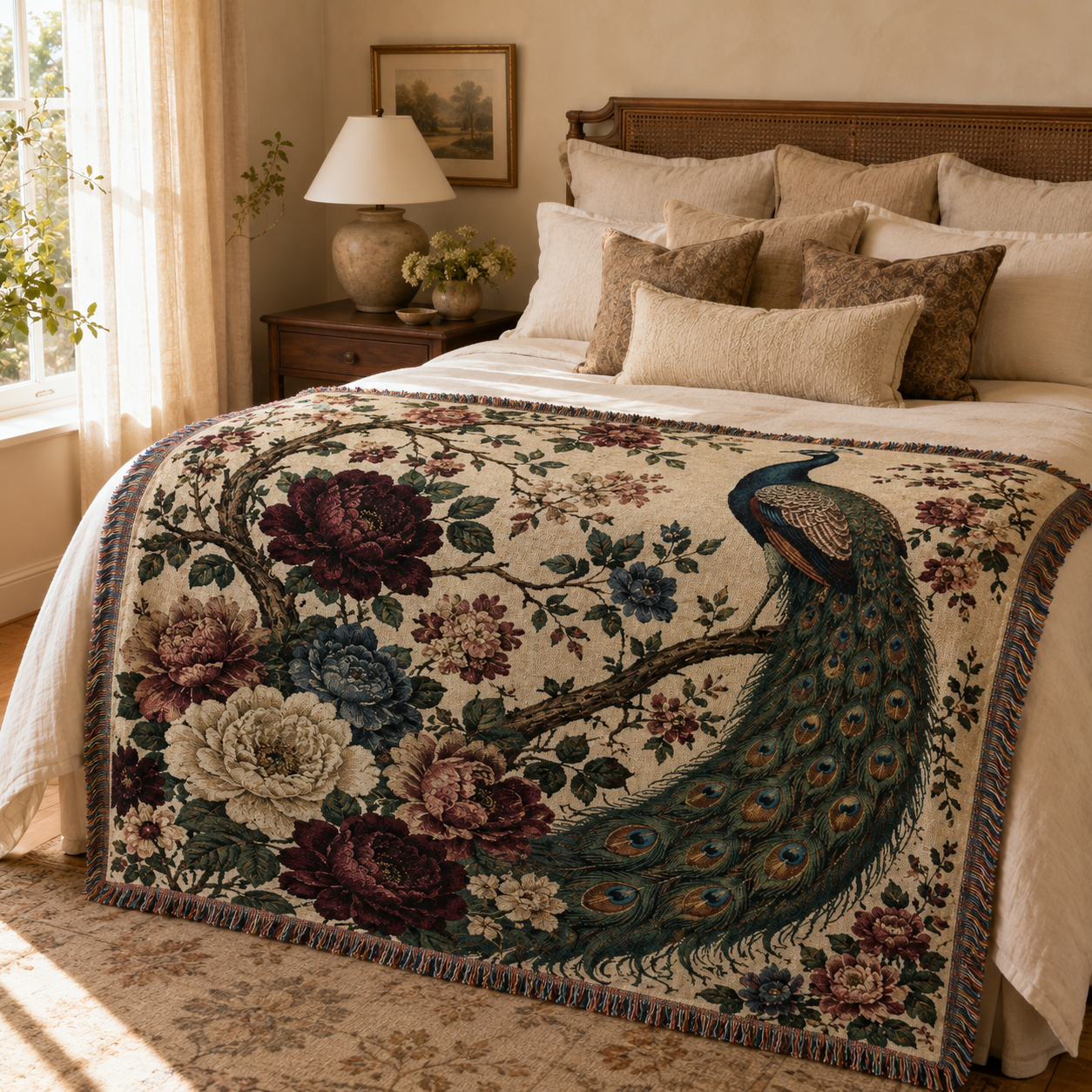 Vintage peacock floral woven blanket styled across a sunlit neutral bedroom bed