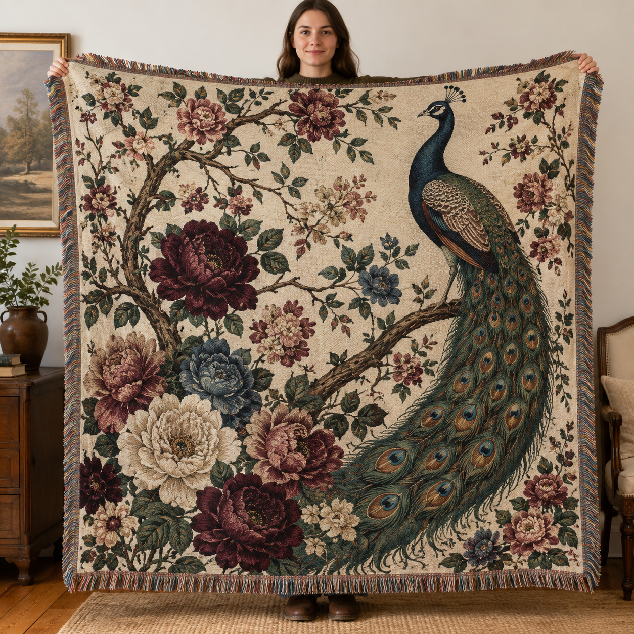 Vintage peacock garden woven blanket displayed full-size with floral tapestry artwork